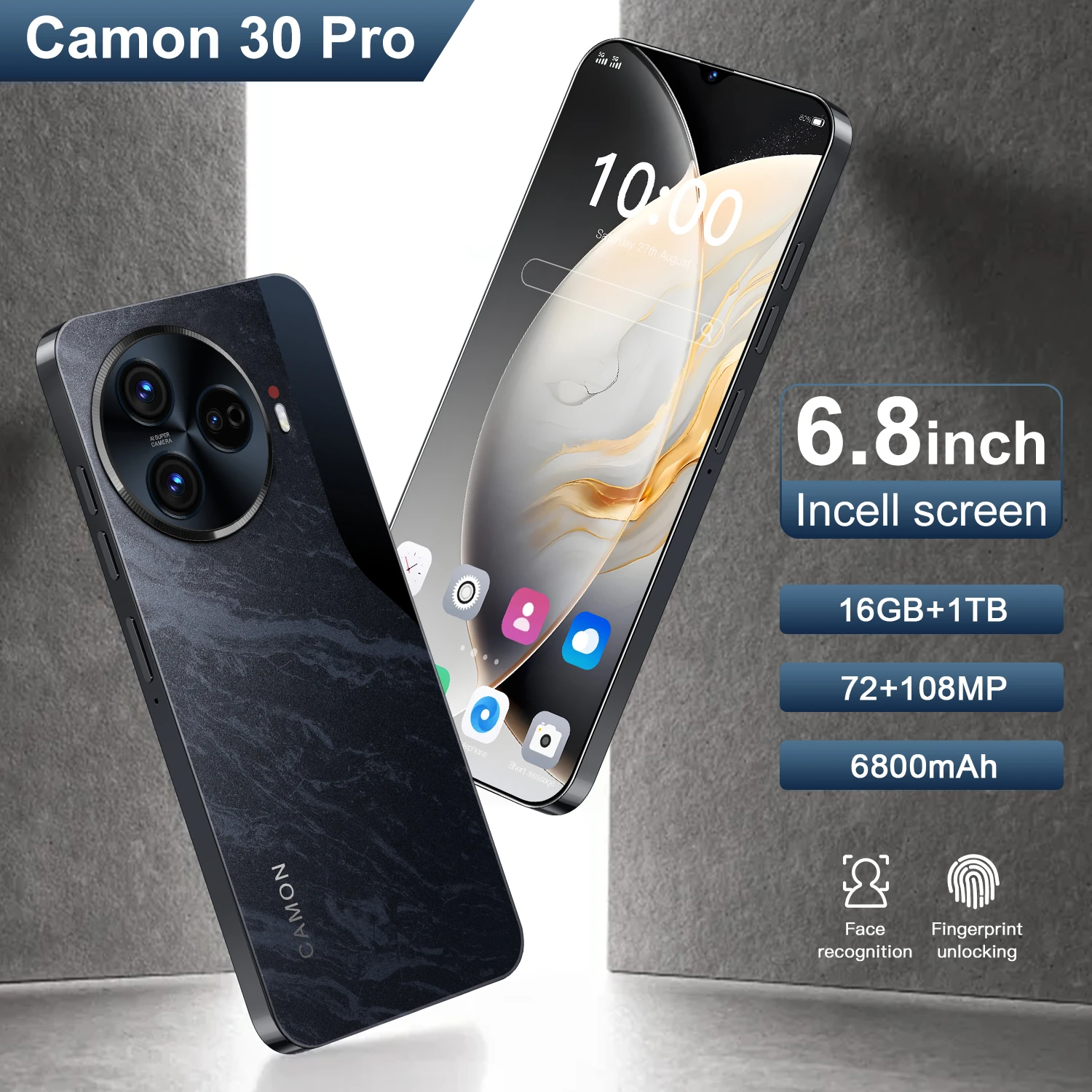 

Camon 30 pro Mobile 6.8 HD Full Display 16GB RAM+1TB ROM 72MP+108MP Camera Dual SIM Black/White