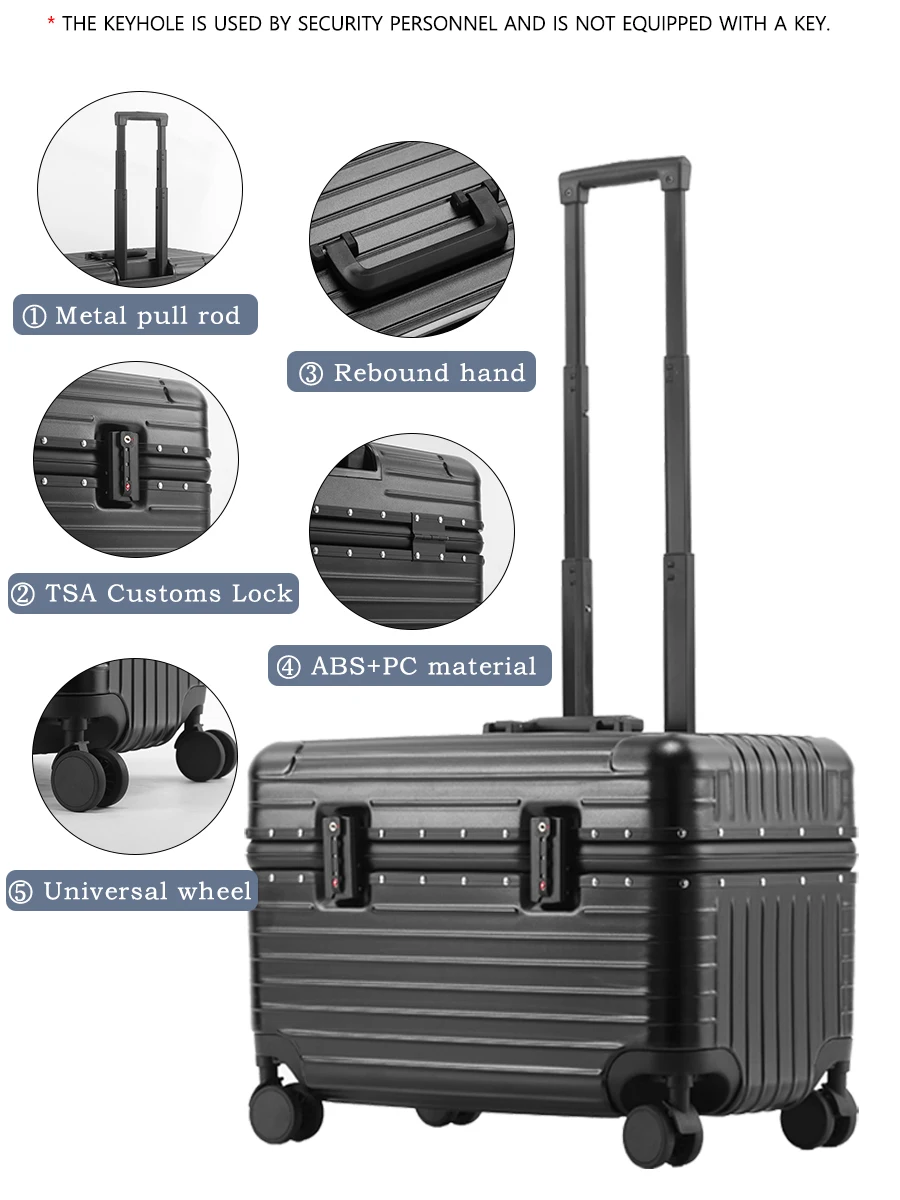 20 بوصة سبائك الألومنيوم الإطار حقيبة TSA الجمارك قفل بكلمة مرور ABS + مادة الكمبيوتر عجلة عالمية مفتوحة الغطاء العلوي الصعود