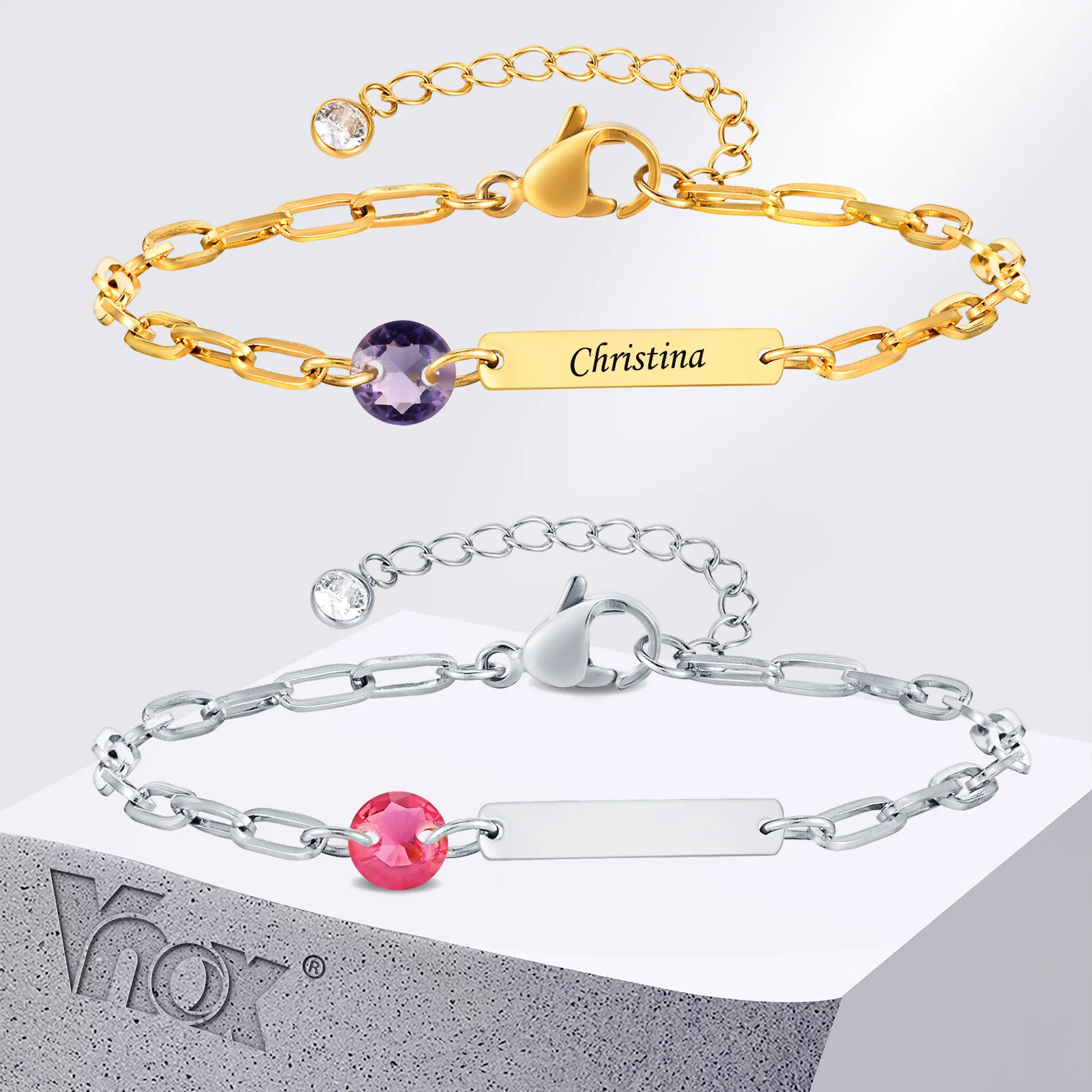 

Vnox Zodiac 12 Month Birthstone Bracelets for Women Girls, Stainless Steel Rectangular Chain Bracelets,Custom Name Birthday Gift