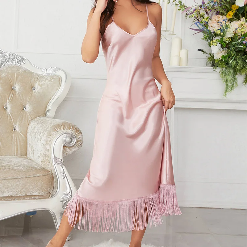 

Daeyard Silk Nightdress For Women Fashion Tassels Suspender Skirt Elegant Long Nightgown Female Spring Summer Homewear