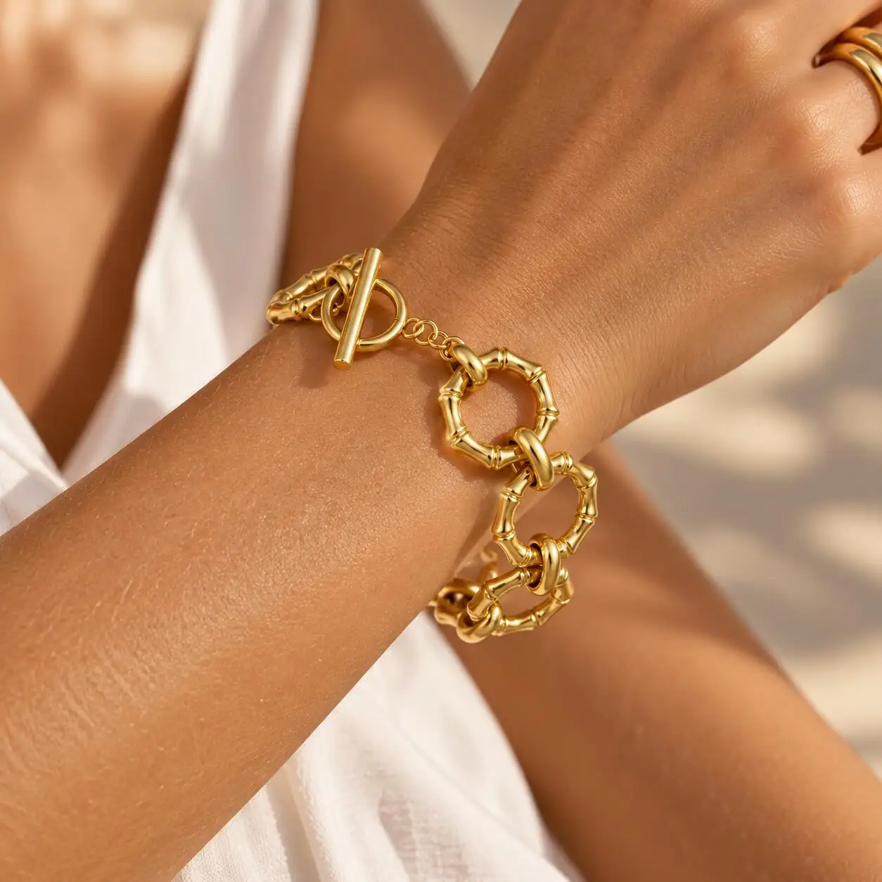 Toggle Bamboo Bracelet, Chunky Round Link Chain 18K Gold Plated Stainless Steel, Bold Fashion Jewelry