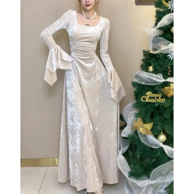 Y2K Velvet Long Dresses for Women Flare Sleeve Square Collar Slim Waist A-line Autumn Winter Evening Party Prom Robe Vestidos