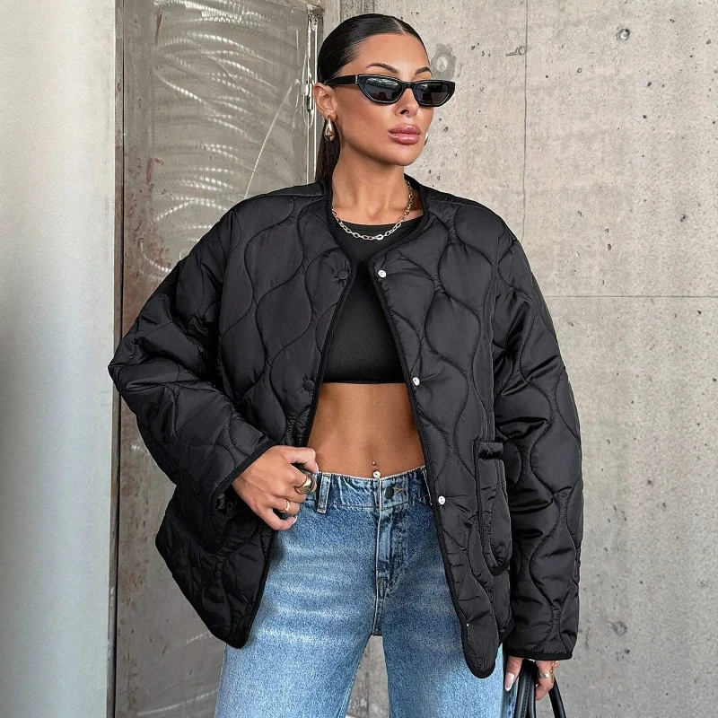 2026 Winter New Fashion American Style Casual Quilted Cotton Jacket Simple Loose Long Sleeved Lightweight Warm Coat for Women