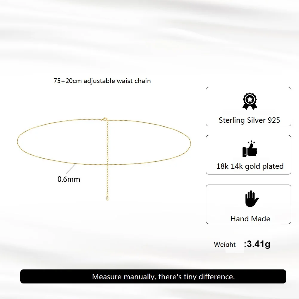 Prosty łańcuszek w talii Srebro 925, łańcuszek do spodni, biżuteria damska, 95 cm regulowany łańcuszek na brzuch czyste srebro darmowa wysyłka