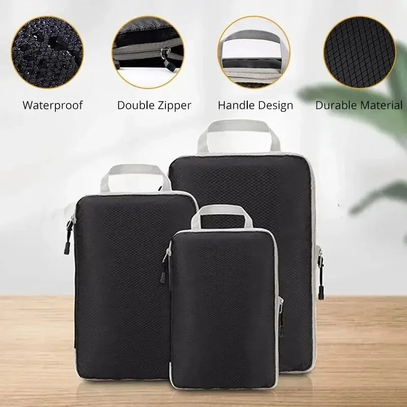 3Pcs/set Black/Blue/Grey Compressible Travel Storage Bag Portable Large Capacity Storage Bag Suitcase Luggage Packing Cubes