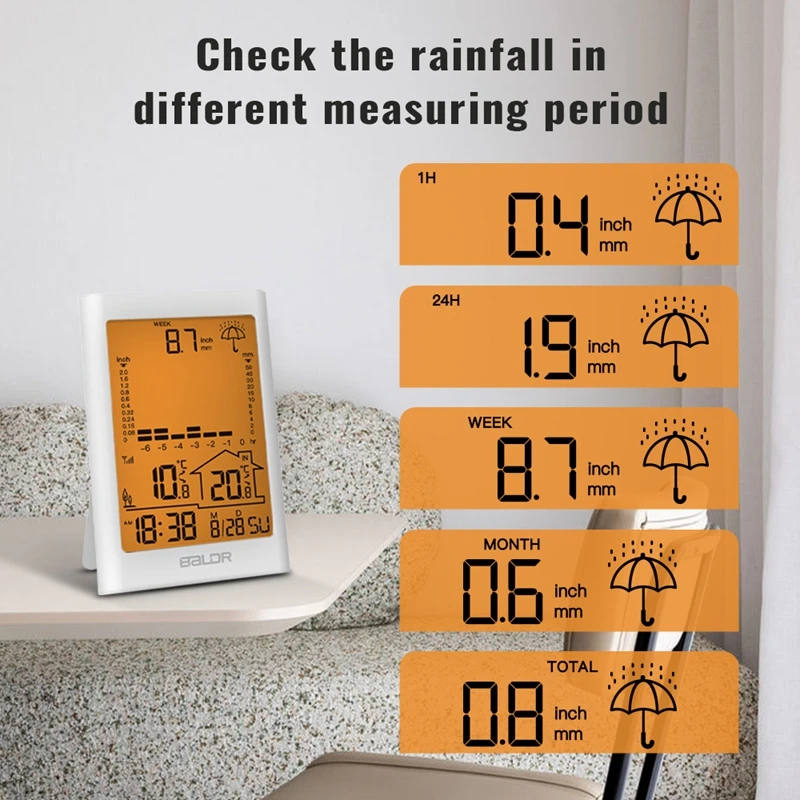 Baldr Wireless Rain Gauge LCD Digital Weather Station In/Outdoor Thermometer Real-time Rainfall Measure Recorder Dropshipping