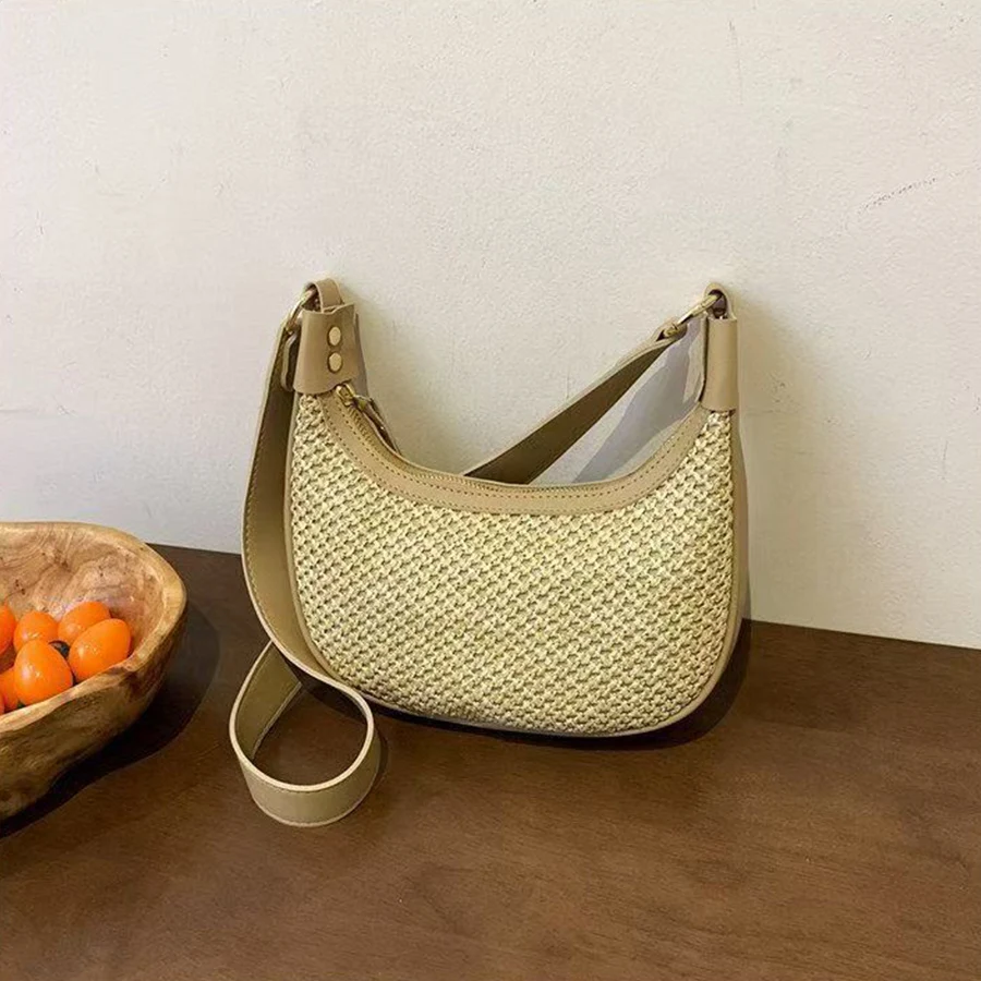 

Summer Handwoven Straw Handbag Exquisite High-end Woven Design Purse Zipper Casual Fashion Commute Daily Shoulder Crossbody Bag