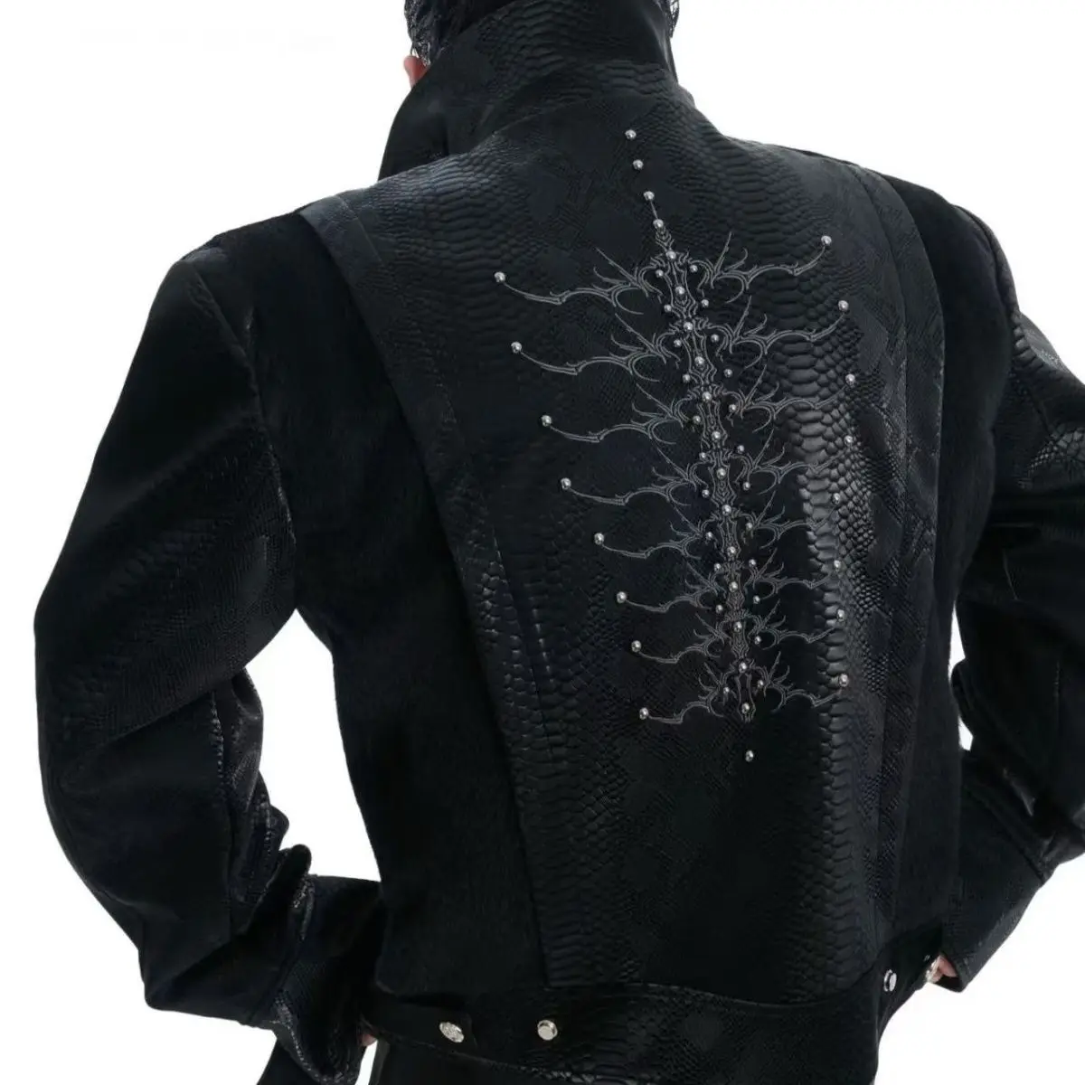

Snakeskin Pattern Embroidery Rivet Leather Jacket Metal Patchwork Design Long Sleeve Coat Men Fashion Y2K New Goth PU Tops