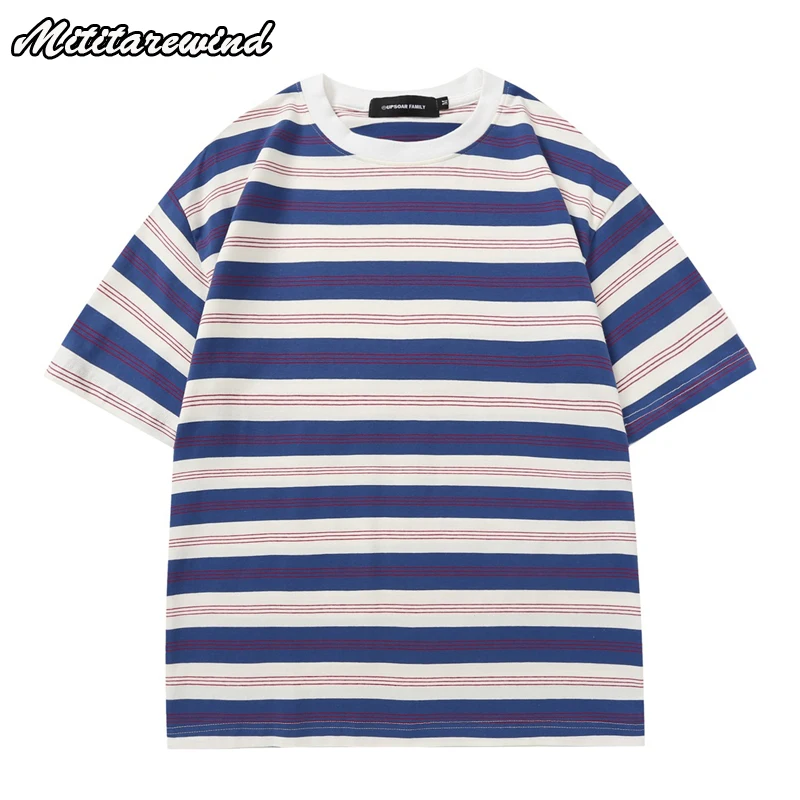 Japanese Style Hip Hop T Shirt Men Contrast Color Striped Short Sleeve Pure Cotton Tops Tees Women Casual Loose Lovers T-shirts