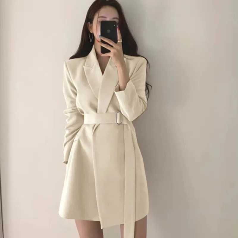 Women Blazer Lapel Long Sleeve Belted Tight Waist  Formal Business Vintage Korean Commute Lady Suit Coat Blazer Dress Women