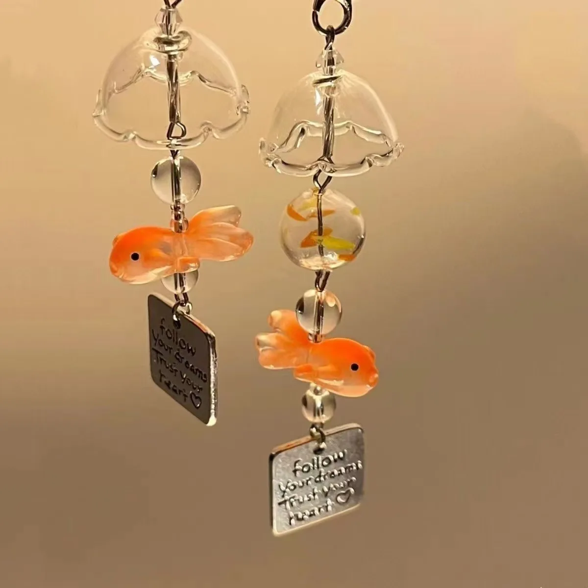 Transparent Glass Keychain Cute Goldfish Wind Chime Pendant Keyring Mobile Phone Lanyard Bag Decorative Chain Kawaii Key Chain