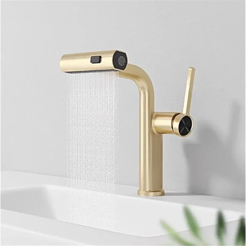 

Brsuehd Gold Waterfall Basin Faucet Lift Up Down Stream Sprayer Hot Cold Water Sink Mixer Wash Tap For Bathroom Waterfall