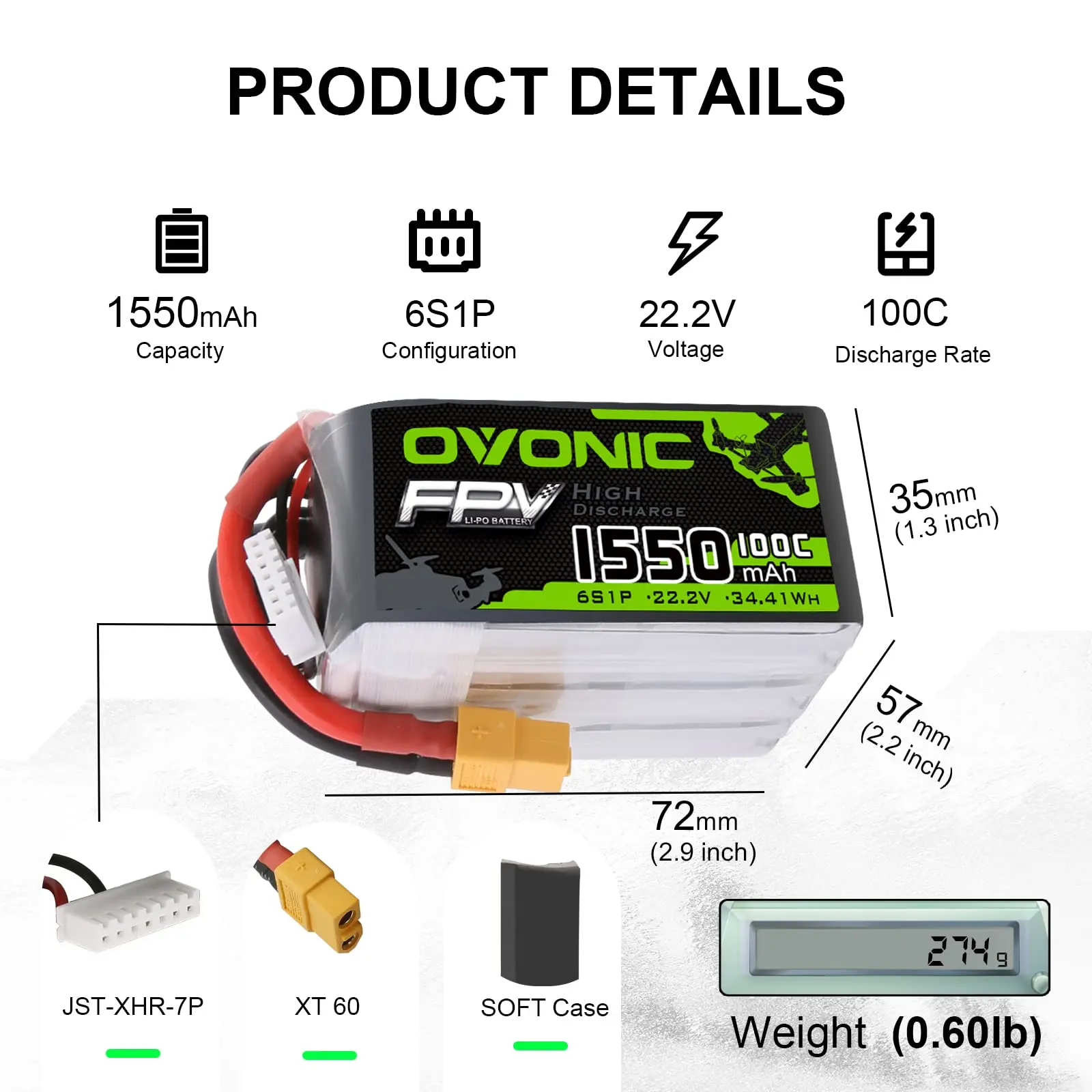 OVONIC RC يبو بطارية 6S 22.2 فولت 1550 مللي أمبير 100C XT60 التوصيل يبو خلايا البطارية ل FPV RC طائرة سيارة Evader BX كوادكوبتر هليكوبتر