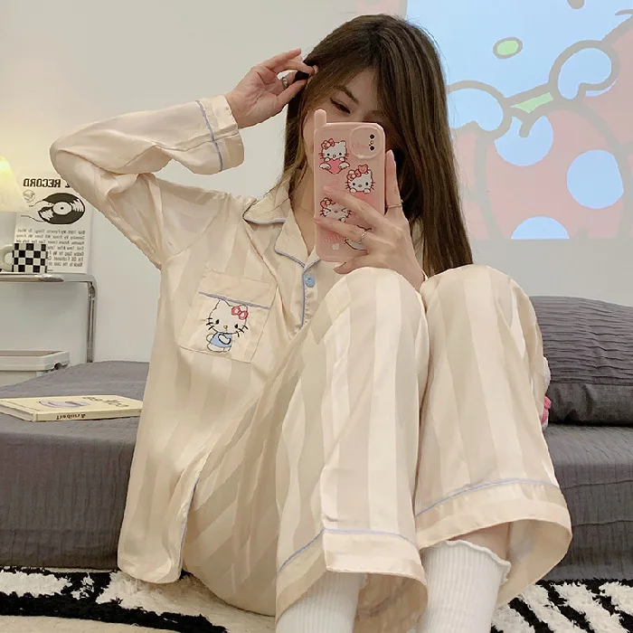 Hello Kitty's new women's pajamas, ice silk long-sleeved trousers cartoon casual two-piece set Sanrio loungewear pajamas