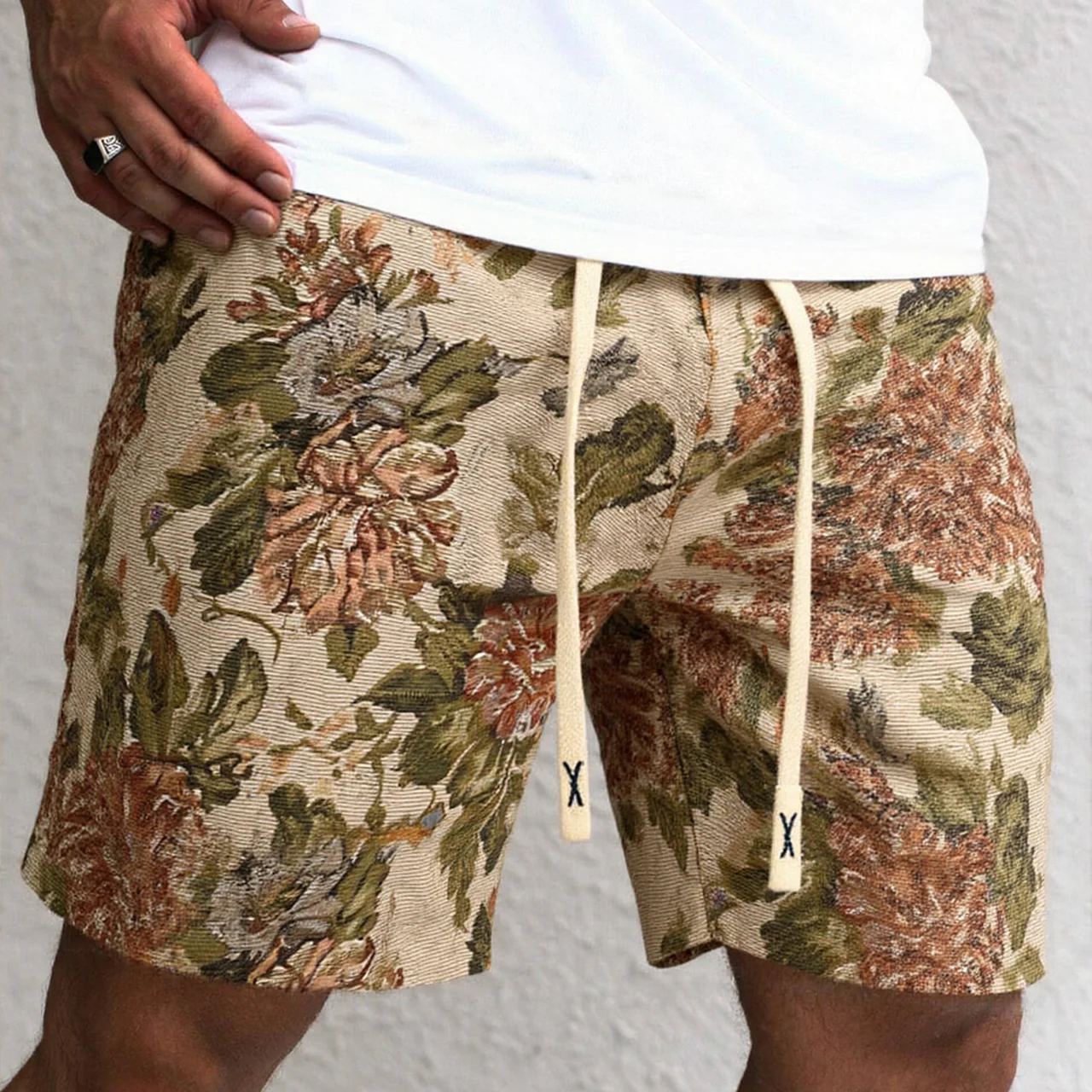 Men's casual daily wear with beach vacation style, featuring INS style Bohemian geometric color patterned jacquard casual shorts