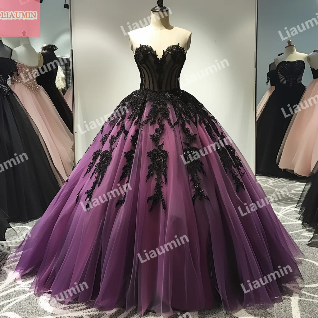 New Classic Hand Made Purple Tulle Black Lace Applique Ball Gown Beading Strapless Evening Prom Dresses Formal Clothing W15-44.9