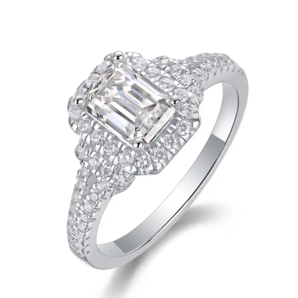 925 Sterling Silver 1CT Emerald Double Halo Split Paved Ring D VVS1 Moissanite Multi Tone Wedding Fine Jewelry For Women