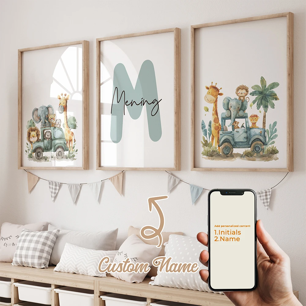 3pcs Personalized Custom Name Cartoon Giraffe Wall Art Print Picture Canvas Poster Painting For Living Child Room Home Decor