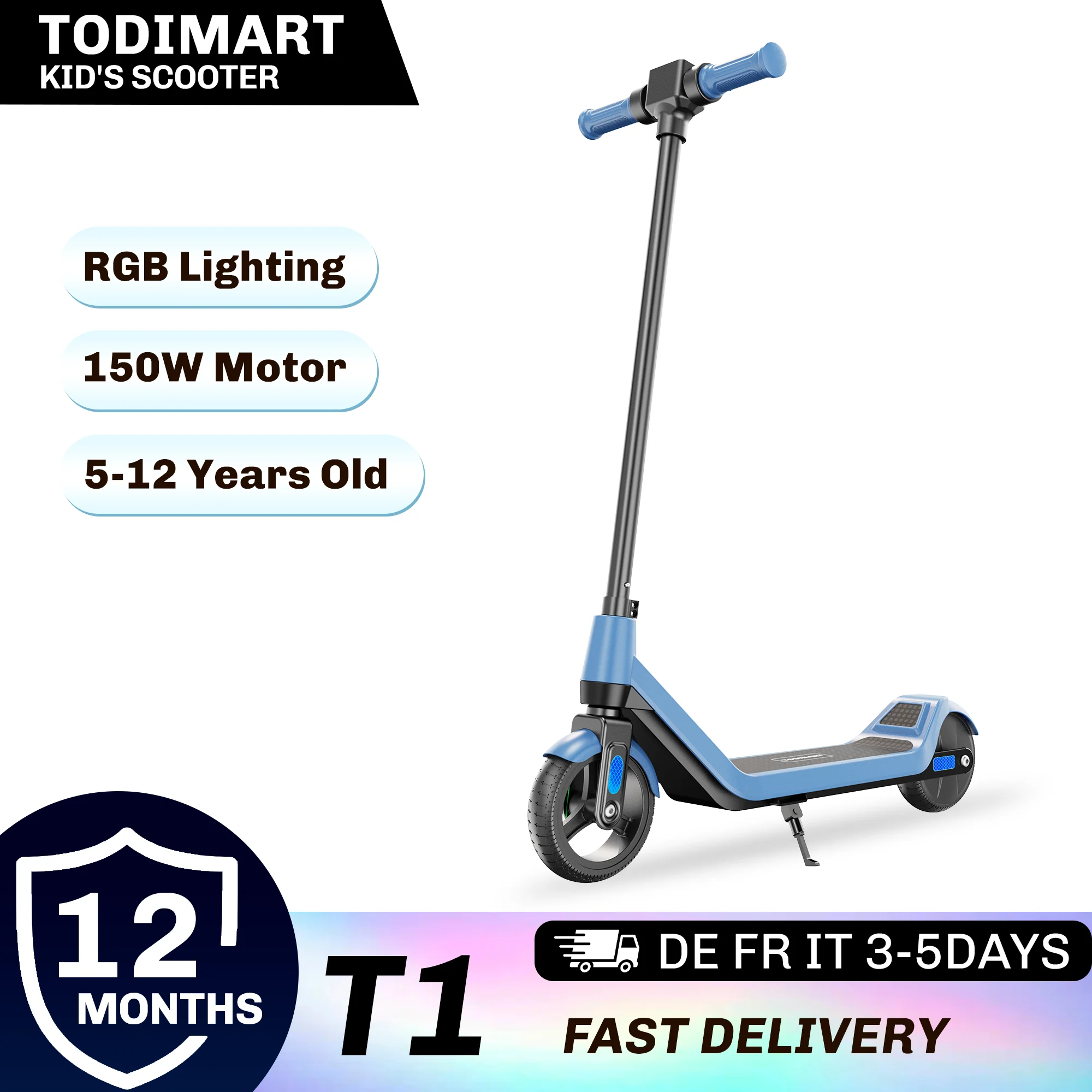 TODIMART T1 Elektroroller für Kinder 6-12 Jahre E-Scooter Geschenk Faltbar 150W Motor 16km/h Geschwindigkeit 24V Batterie 10km Reichweite 3 Geschwindigkeitsstufen E-Scooter für Kinder Elektroroller