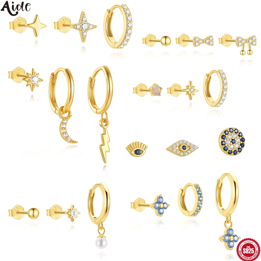 

Aide S925 Sterling Silver Ear Jewelry Set Star Moon Evil Eye Zircon Earring Multi-Style Stud & Hoop Earring for Layered Ear Look