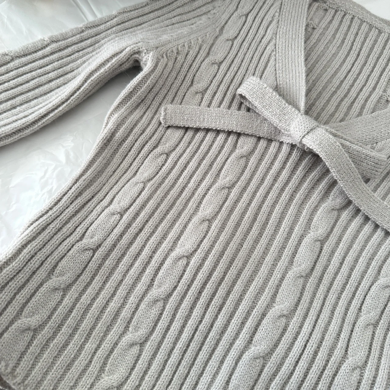 Gray Bow Knitted Top Wool Skirt Temperament Suit Women Fall Spring Two Pieces Sets