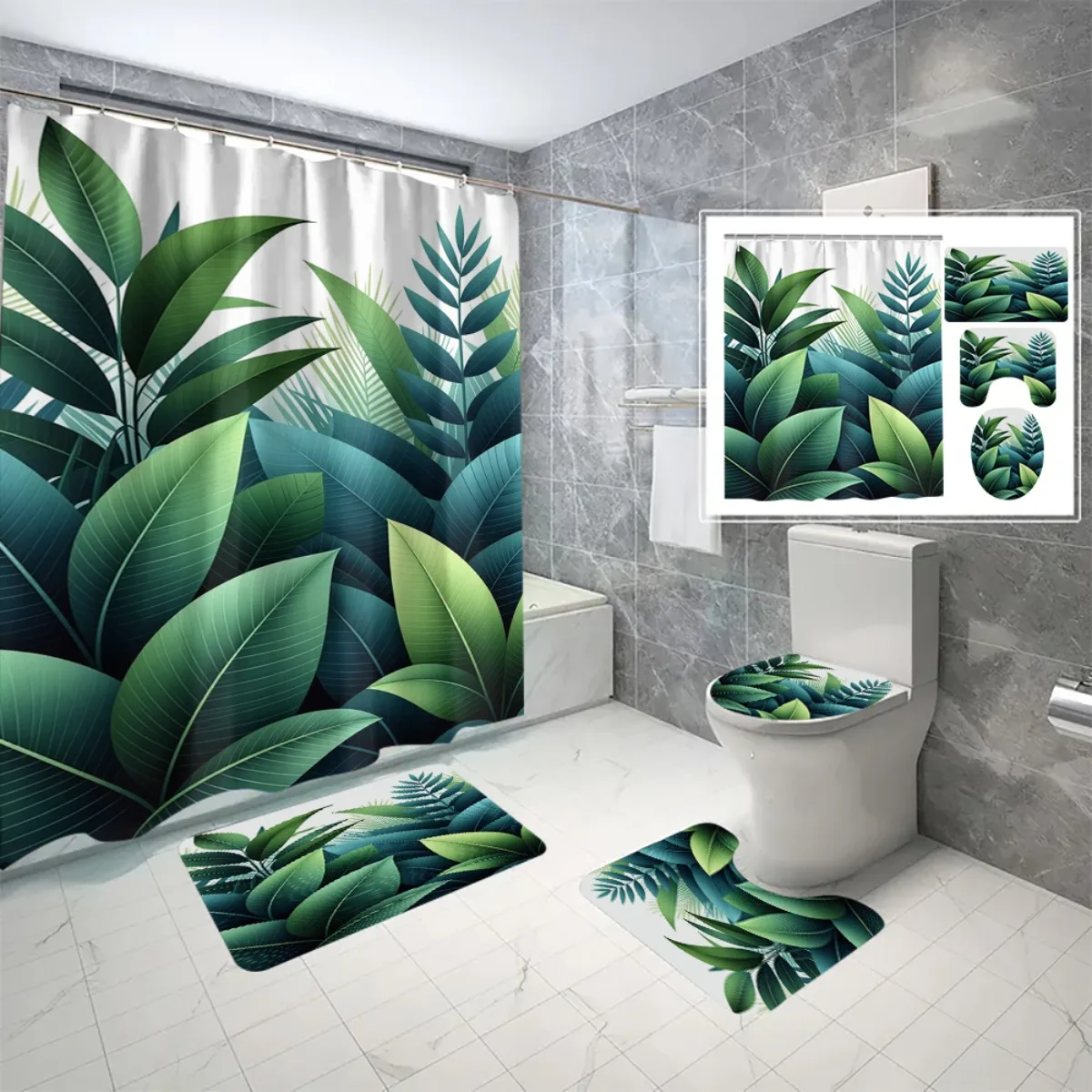 

4pc Green tropical leaf pattern bathroom set, shower curtain with hooks, U-shaped mat, non-slip mat, toilet seat cover.