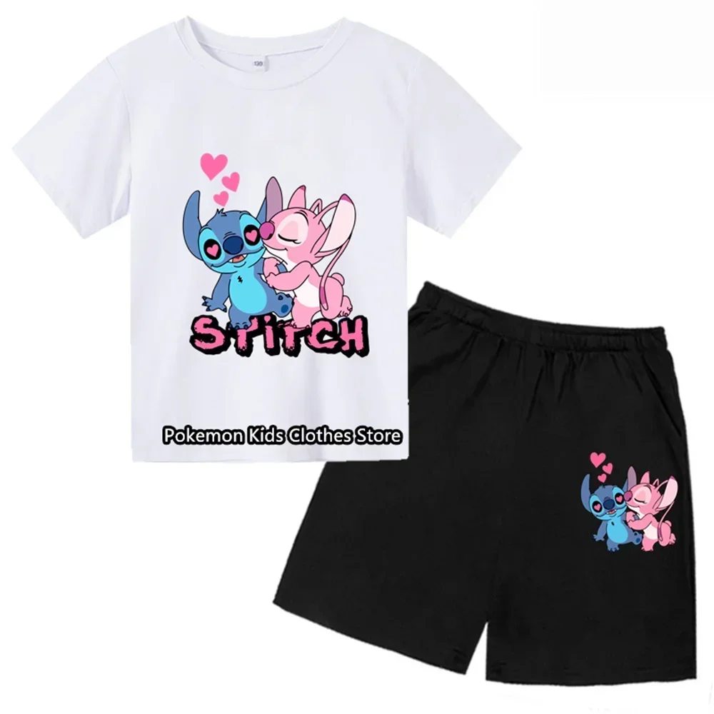 Summer Fashion T-shirt Anime Stitch Children's Two-piece T-shirt set Round Neck Casual Short Sleeve boy Short sleeve shorts