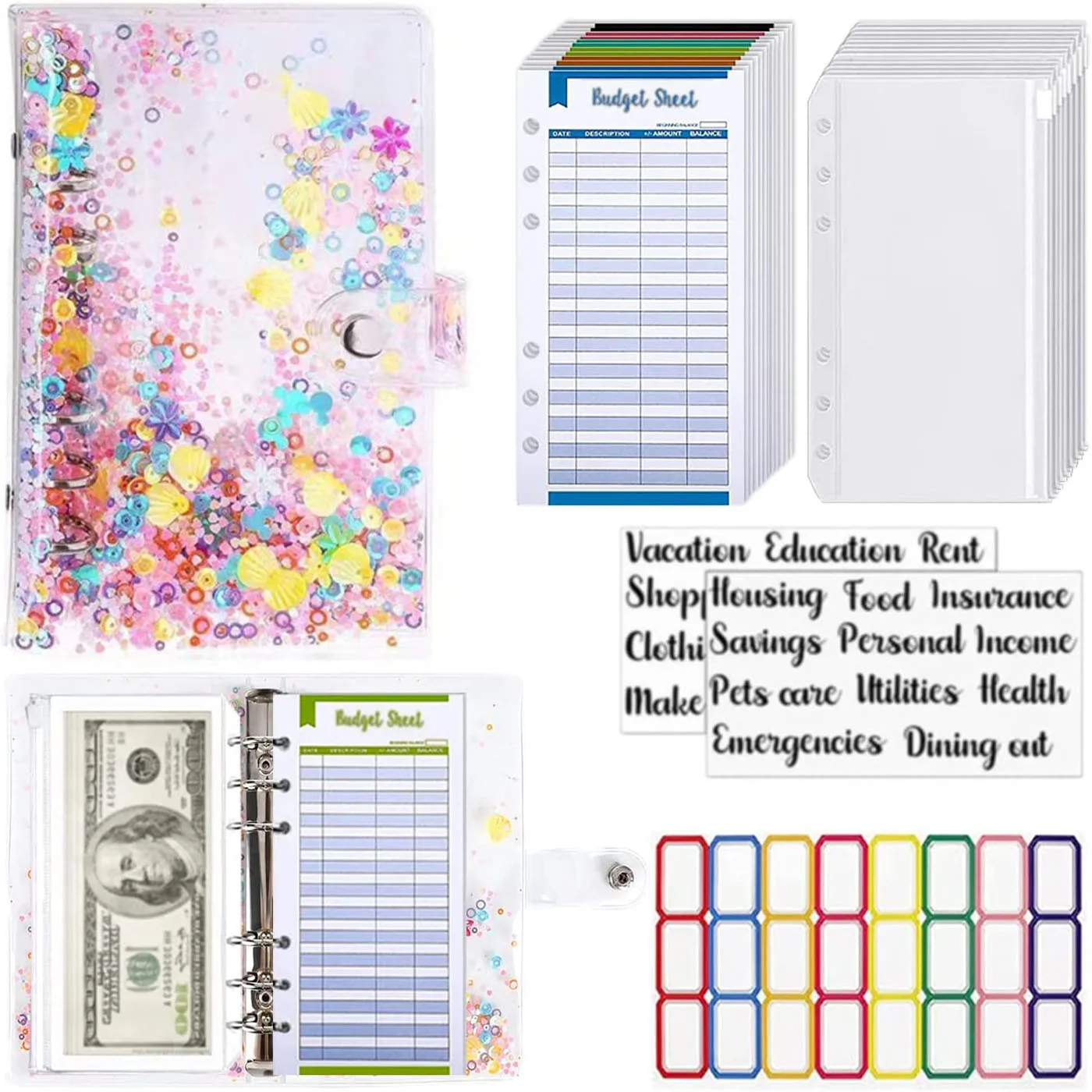 

A6 Pink Shell Soft Budget Binder Notebook with Zipper Cash Envelopes and Expense Budget Sheet for Money Saving Planner Organizer