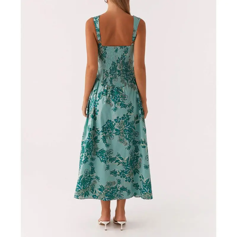Combhasaki Abito estivo da donna elegante senza maniche con stampa floreale abbottonato spalline larghe collo quadrato smocked swing abito lungo a trapezio