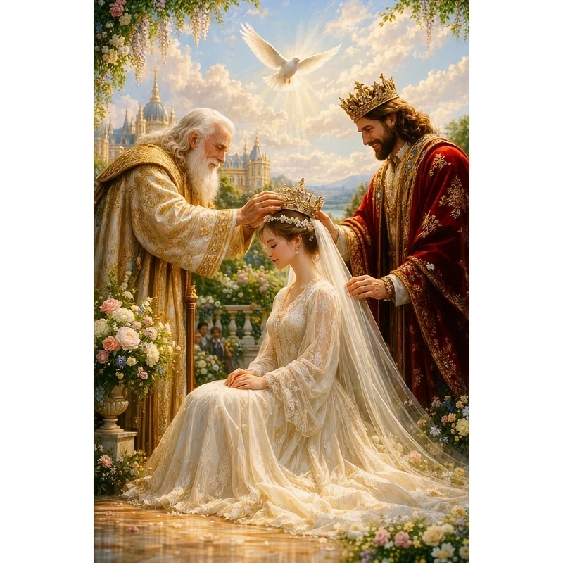Adults Paper Puzzle Vintage Royal Coronation Artwork, Maiden Crowning Ceremony With Castle Floral Background Hobby Home Decor