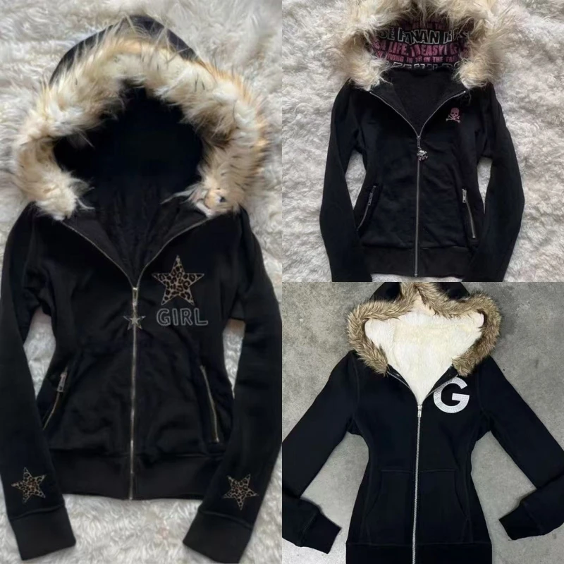 

Ретро черная звезда с леопардовым узором, куртка, женская куртка с меховым воротником на молнии, куртка с капюшоном в стиле Харадзюку, модная уличная одежда, осень-зима, новинка