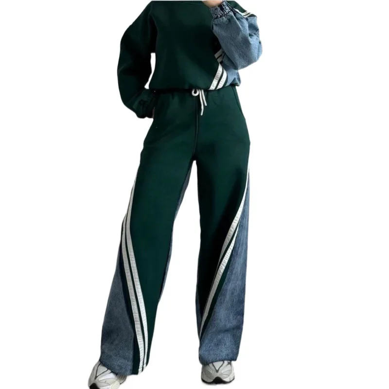 Ladies 2 Piece-Set Drawstring Trousers Contrast Lace-Up Autumn 2024 Pullover And High Waist Women Pants Outfits Tracksuit