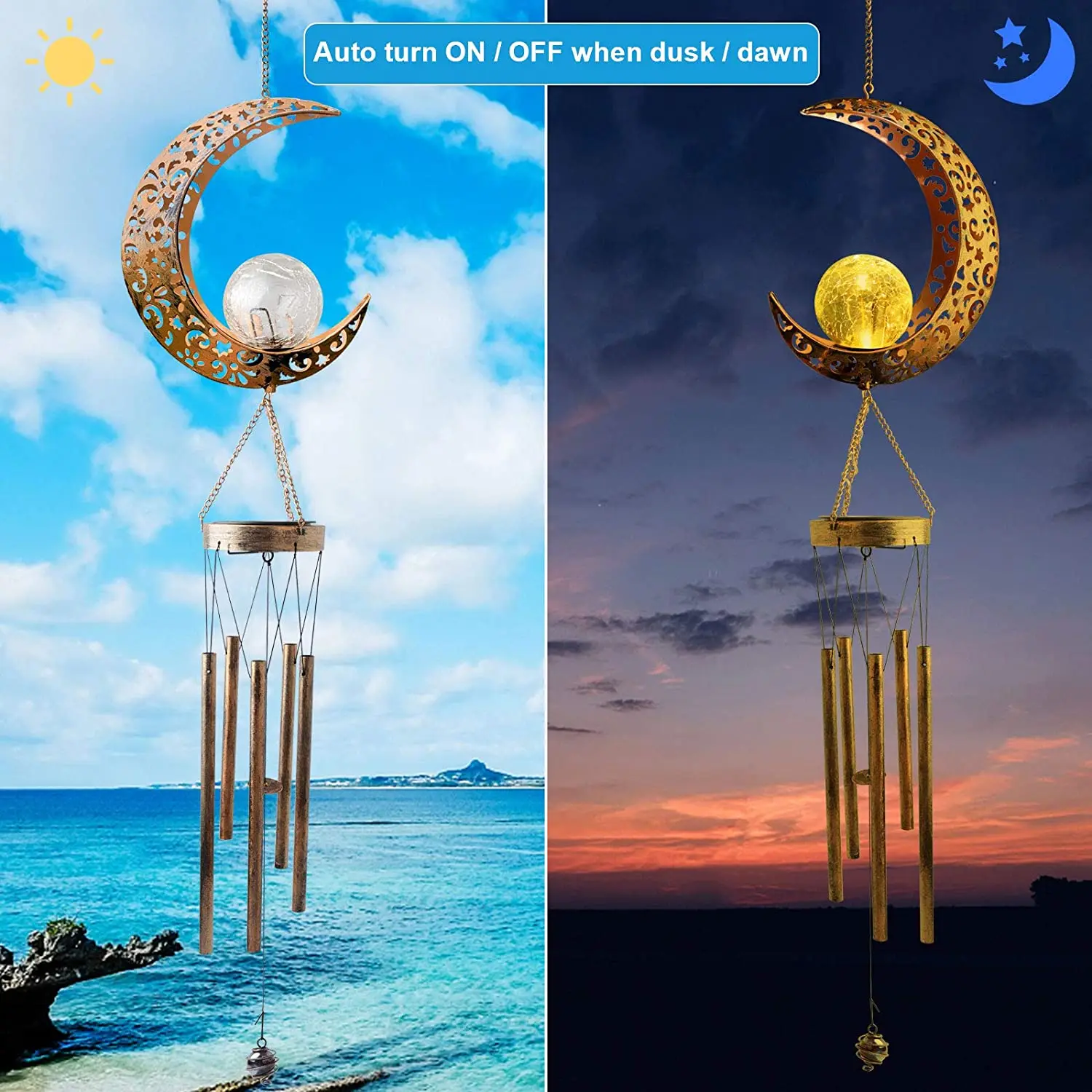 Sun Moon Solar Wind Chime Light Outdoor Cracked Glass Ball Waterproof Wind Chime Outdoor Clearance Dark Tone Garden Decoration