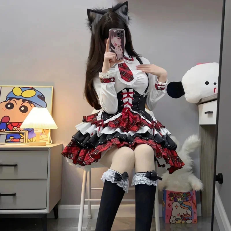 Plaid Patchwork Design Y2k Lolita Dress Sets Halloween Uniform Kawaii Mini Skirt Cosplay Anime Three Pieces Suit For Women