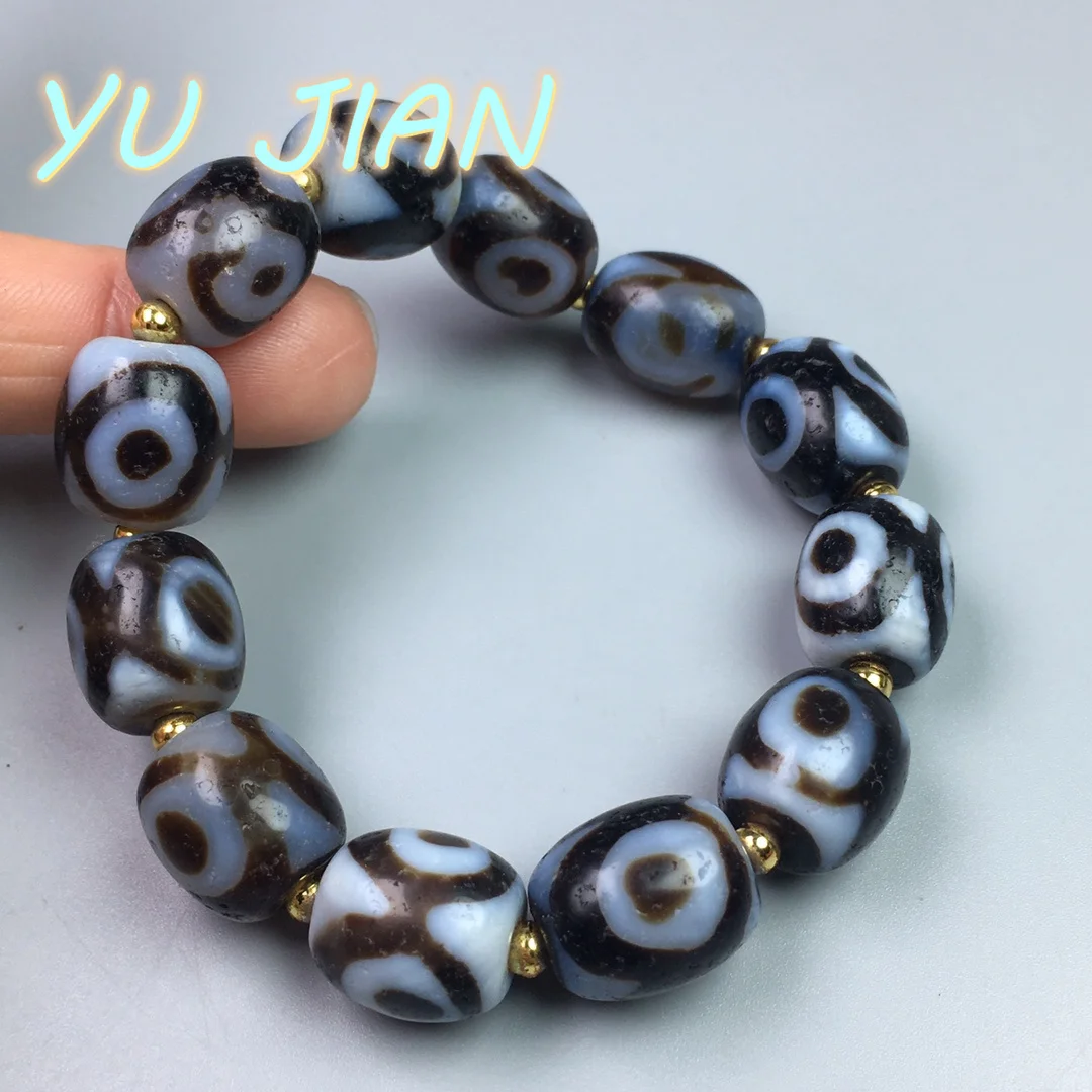 Superb Three-Eyed Horseshoe Pattern Old Dzi Bead Bracelet DIY Handmamk Bangle Jade Amulet Lucky Handring Fine Jewelry