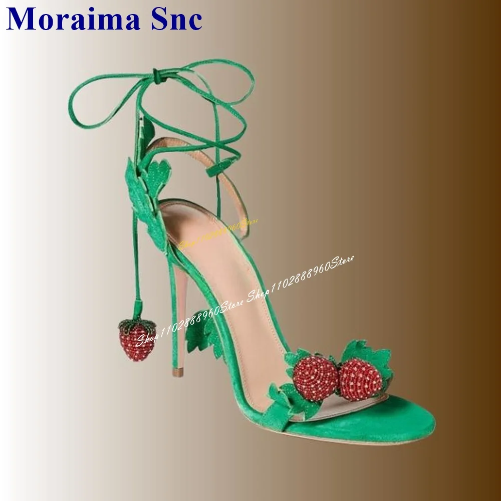 Lace Up Green Flock Strawberry Decor Sandals Cut Heel Thin High Heel Women Shoes Open Toe 2024 Fashionable Zapatos Para Mujere