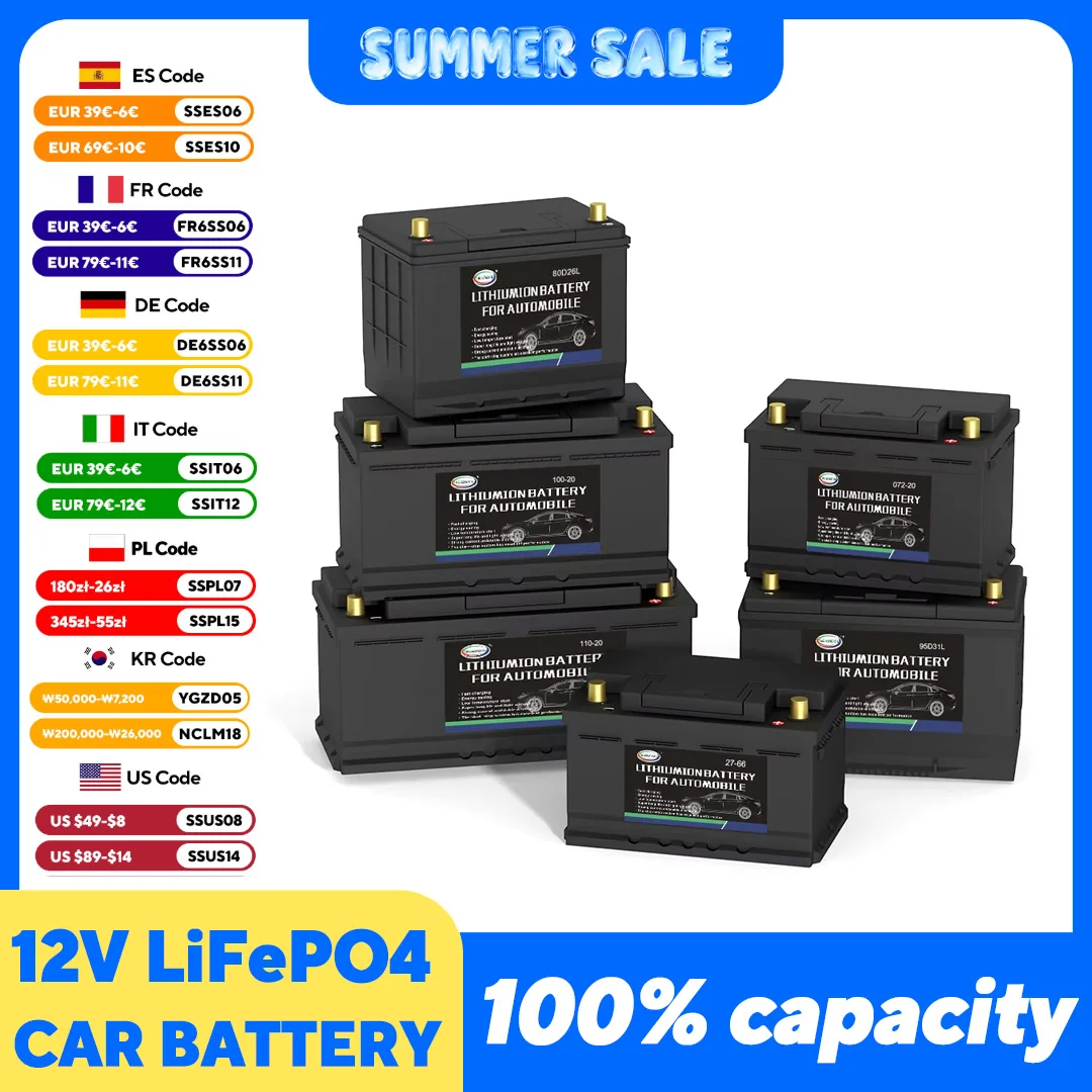 

LiFePO4 Car Battery 12V Lithium Iron Phosphate Deep Cycle Built-in BMS Protection Board For Overland/Van/Sports/Racing/RV