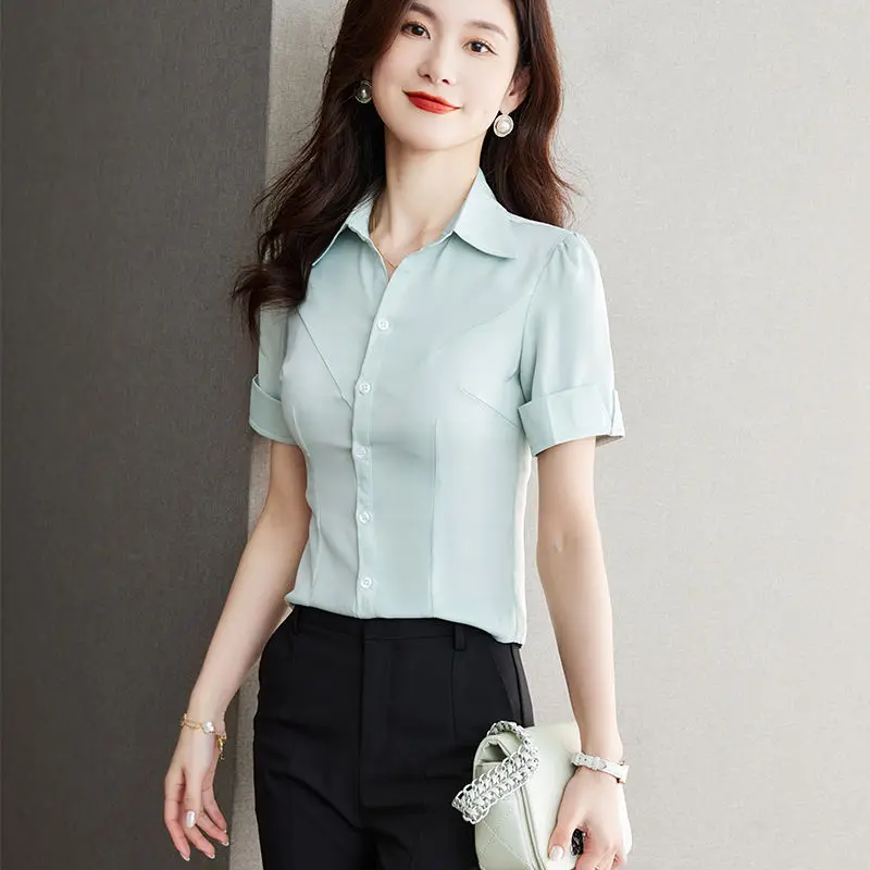 High Quality Satin Sexy OL Slim Basic White Shirt Women Tunics Vintage Style Long Sleeve Casual Tops Office Lady Work Blouses 5X