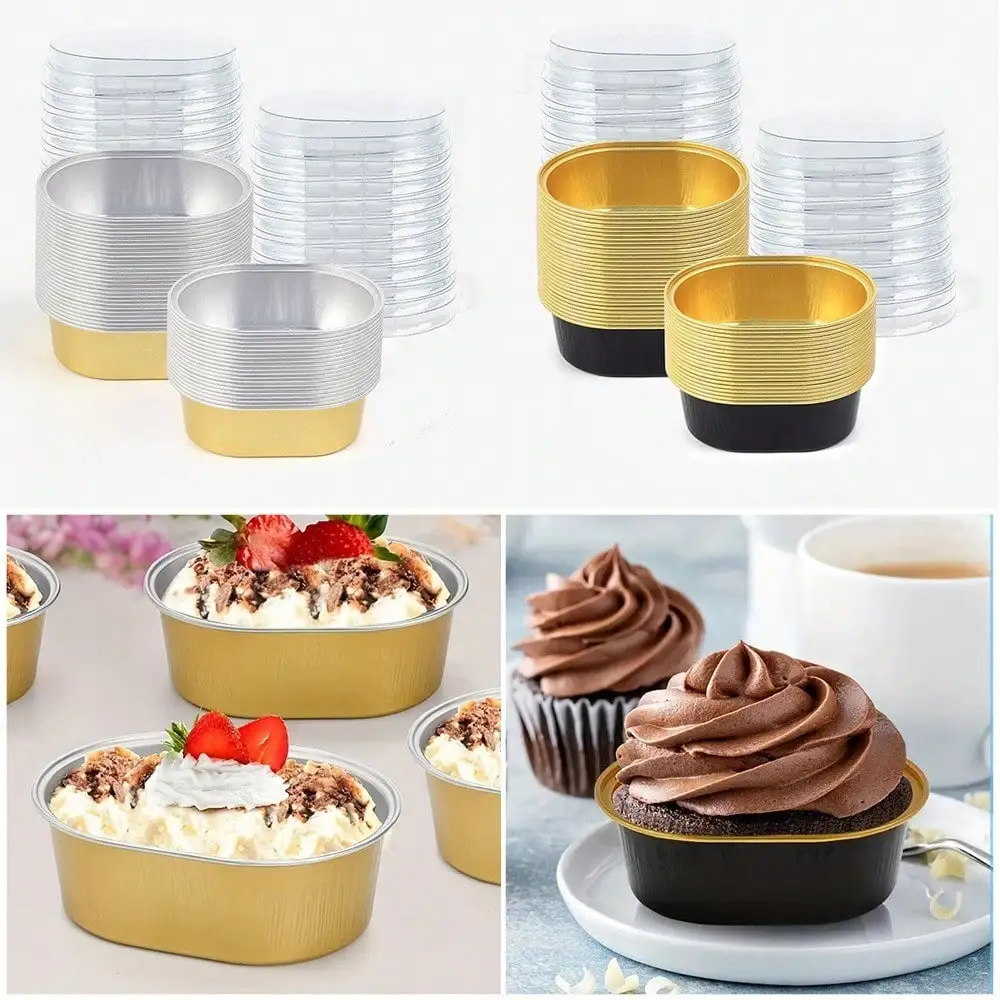 

50pcs Oval Semi-Cooked Cheese Molds Cake Cups with Lids Snacks Desserts Pudding Muffins Baking Tools Party Wedding Mini Cups