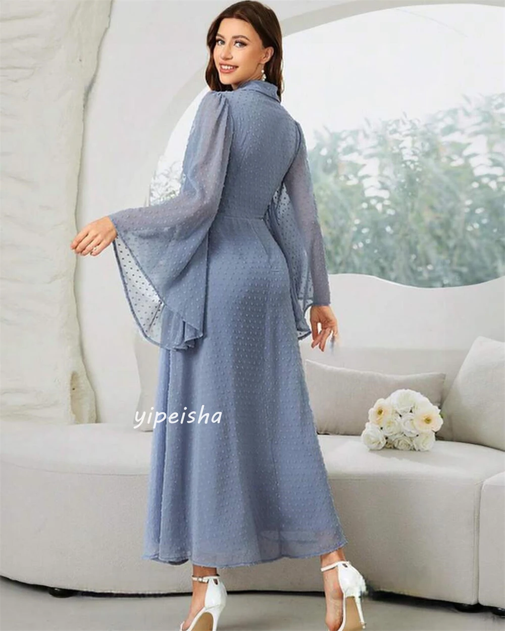 Robe de soirée en mousseline de soie, tenue de soirée, drapée, plissée, à volants, ligne A, col en V, sur mesure, Arabie Saoudite