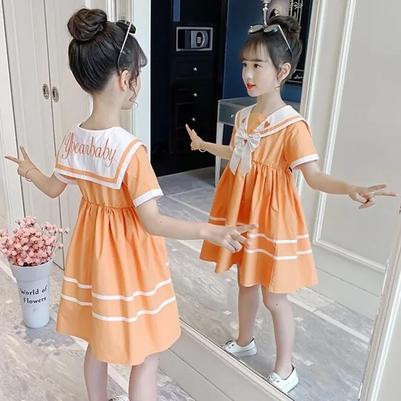 2024 Summer New retro Girls Cotton Crew Sailor Collar Teen Casual striped JK Dress A-LINE Baby Clothes Toddler 12 15 6 8 10 year