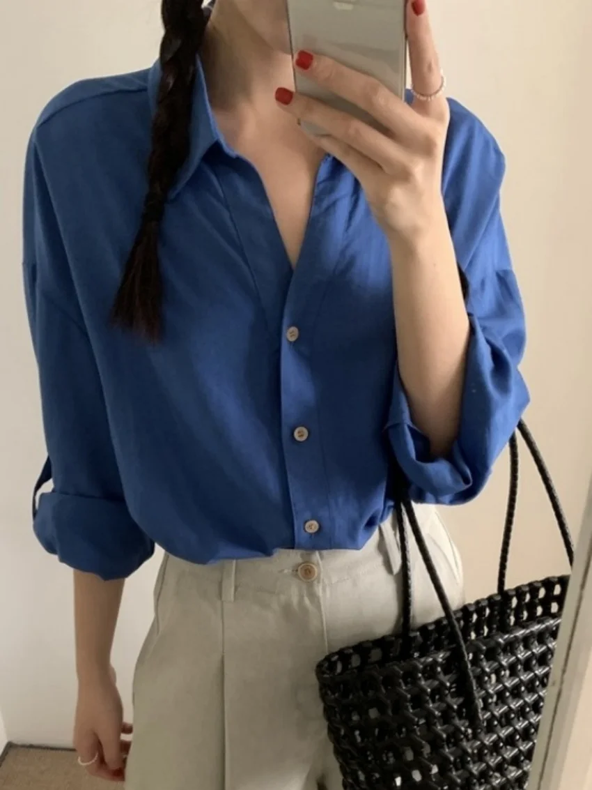

Alien Kitty Minimalist Blue Shirts Women Work Wear Chic Loose Spring 2025 Solid Mujer Daily Full Sleeve New Casual Office Lady