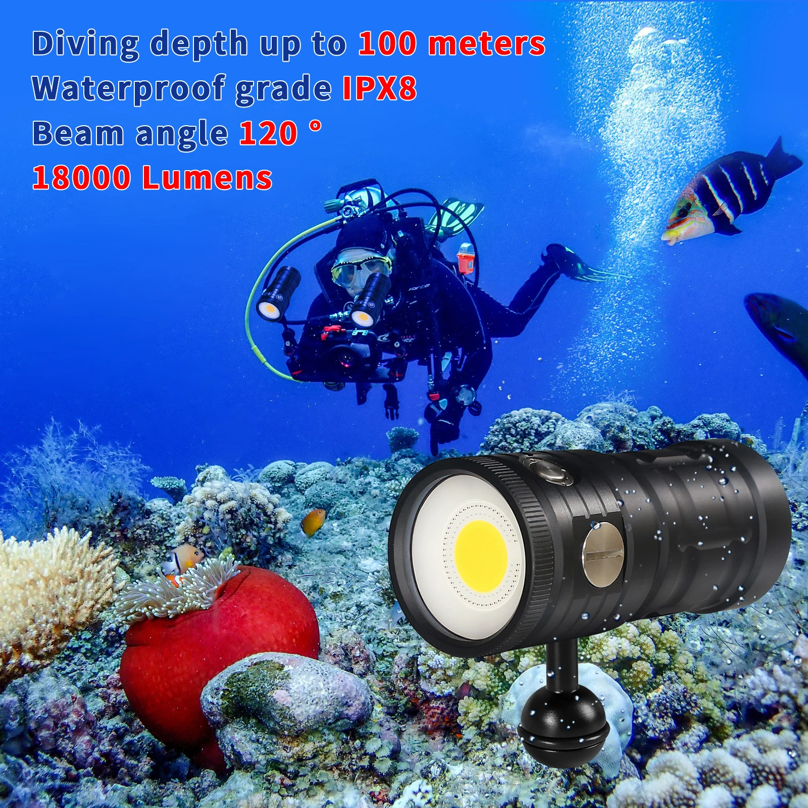 LetonPower Diving Flashlight COB 18000Lumens underwater flashlight LED scuba dive light 100m waterproof Underwater Video Torch