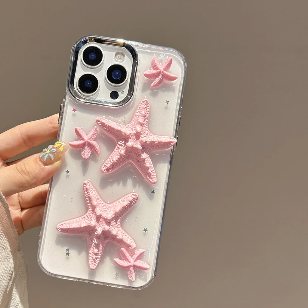 

Interesting Creative Stereoscopic Pink Starfish Glitter Sequin Drip Glue Phone Cover Case for iPhone 16 15 14 13 12 Pro Max