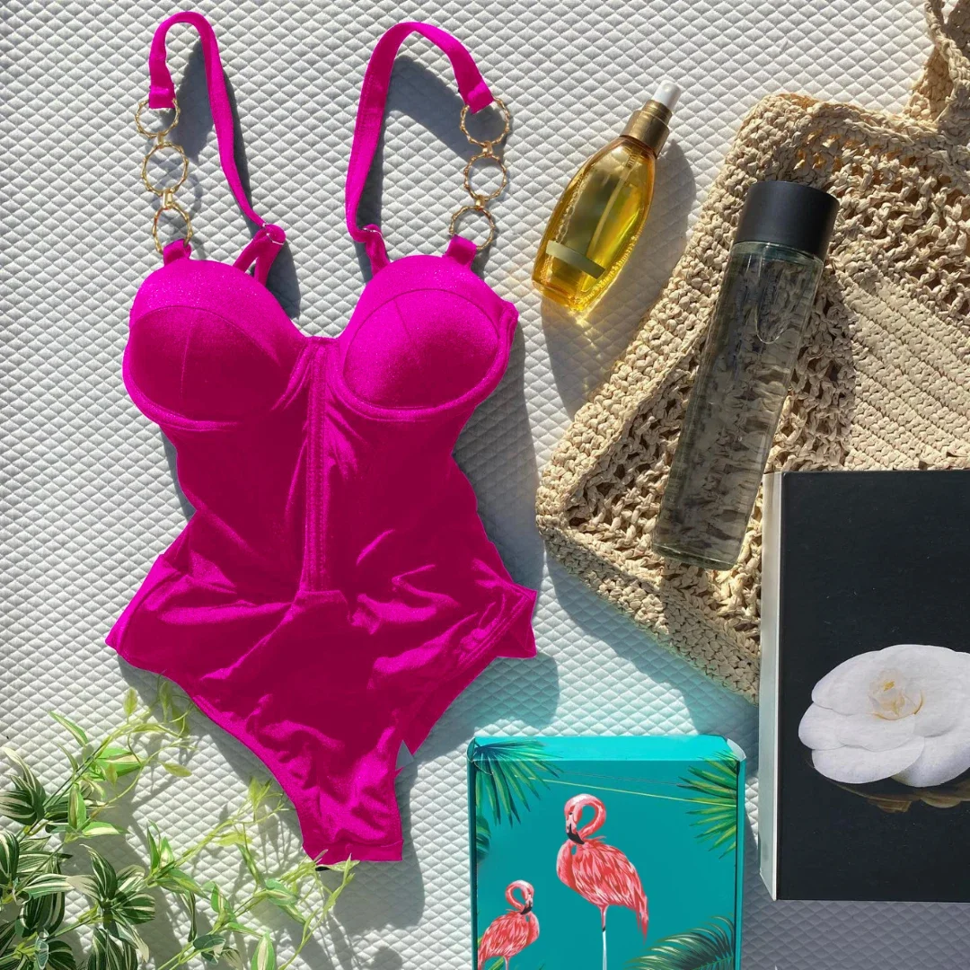 Seksowny strój kąpielowy jednoczęściowy push-up z kwiatowym nadrukiem, falbanki, głęboki dekolt V, strój plażowy, 2025