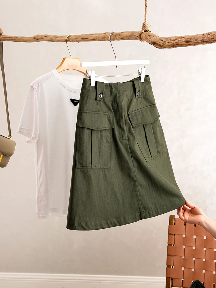 

Стильная военная рабочая одежда: юбка миди А-силуэта с высокой талией и двойной застежкой YongLeap, новинка весны-лета для женщин