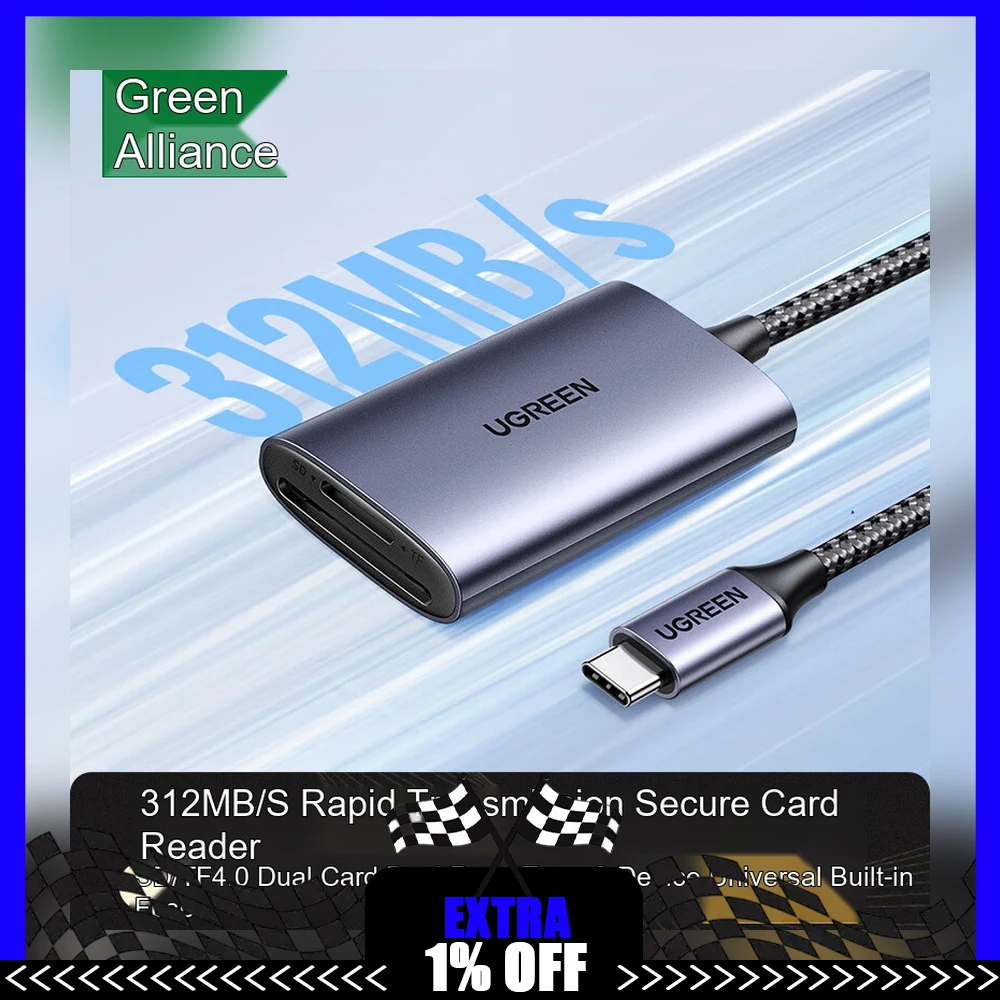 UGREEN 15251 CM401 USB-C SD TF 4.0 Card Reader 312MB/s Dual Card Simultaneous Read with 0.15m Cable