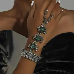 Vintage Ethnic Green Crystal Finger Wrist Chain Bracelet Luxury Connected Finger Ring Bracelets for Women Party Charm Jewelry