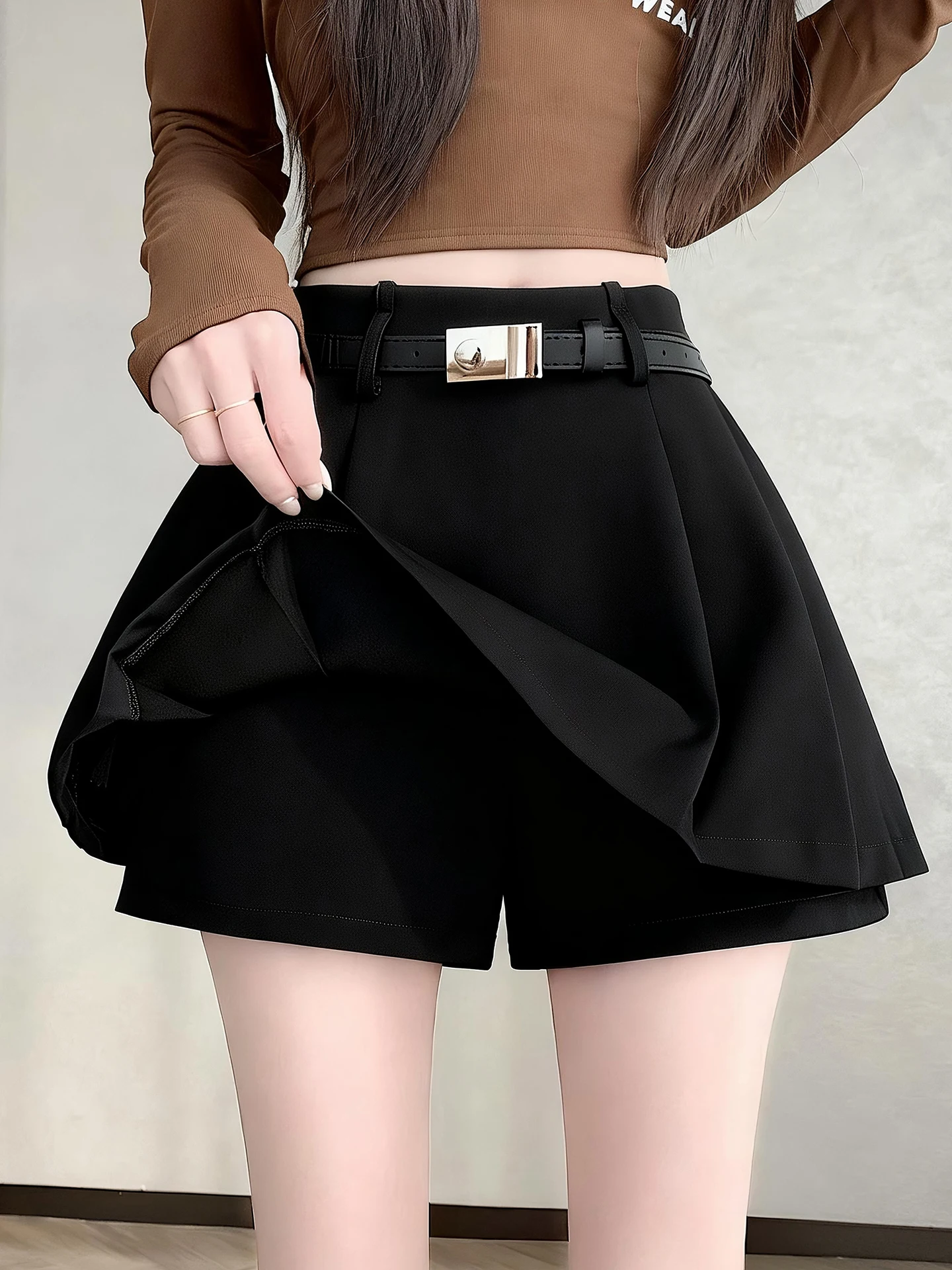 

Черные плиссированные юбка-брюки с высокой талией А-силуэта для женщин, осенне-зимняя модная корейская юбка для офиса