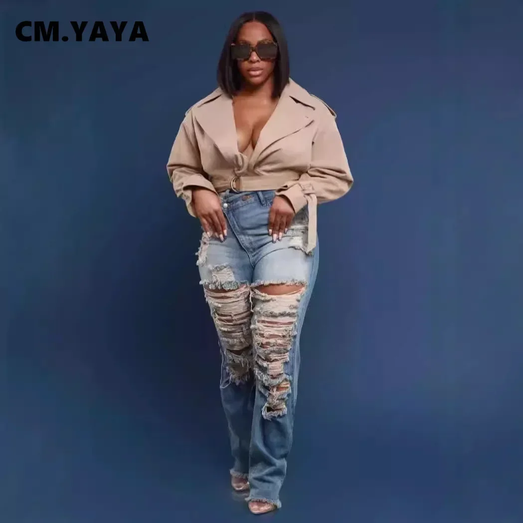 CM.YAYA الدينيم السراويل النساء الرجعية مثير هول الجوف خارج الجينز ممزق خارج قلم رصاص السراويل 2024 الشارع نحيل عالية الخصر سيدة بانت
